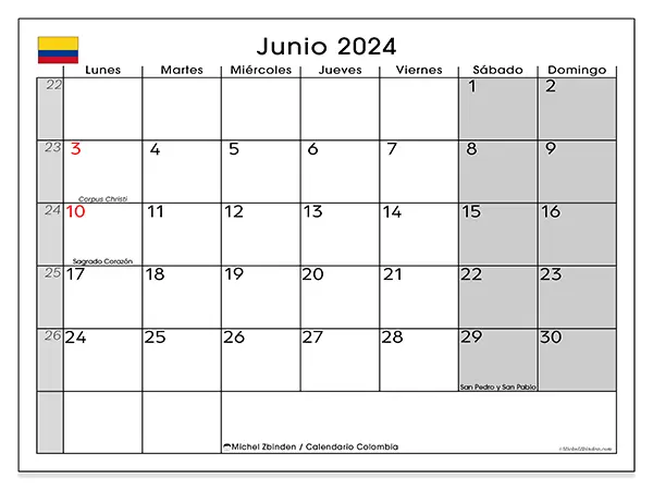 Calendario Colombia para imprimir gratis de junio de 2024. Semana: De lunes a domingo.