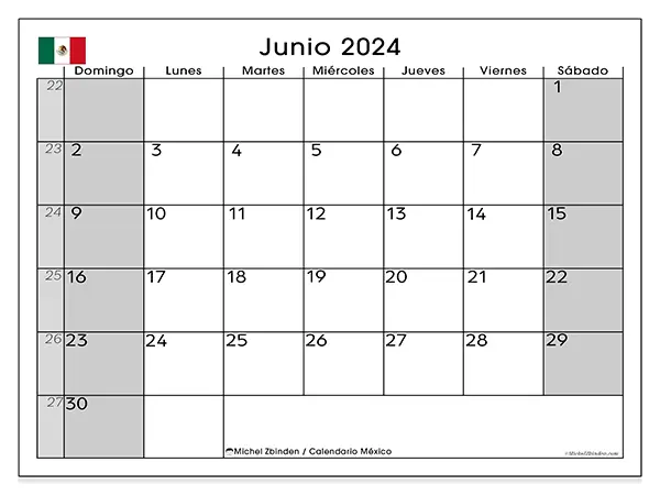 Calendario México para imprimir gratis de junio de 2024. Semana: De domingo a sábado.