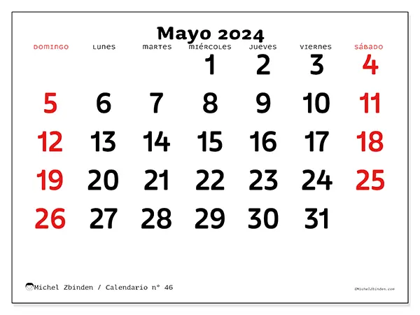 Calendario para imprimir n° 46, mayo de 2024