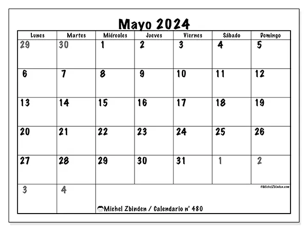 Calendario para imprimir n° 480, mayo de 2024