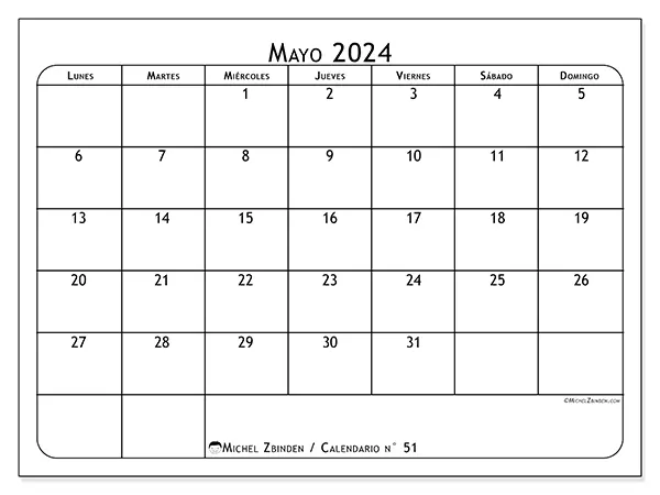 Calendario para imprimir n° 51, mayo de 2024