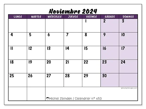 Calendario para imprimir n° 453, noviembre de 2024