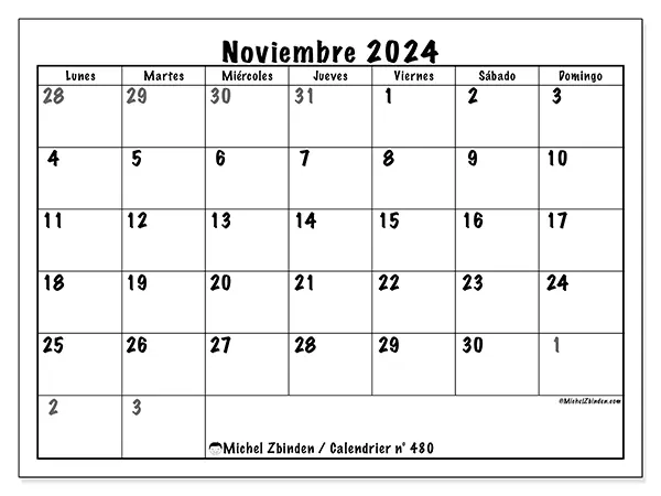 Calendario para imprimir n° 480, noviembre de 2024