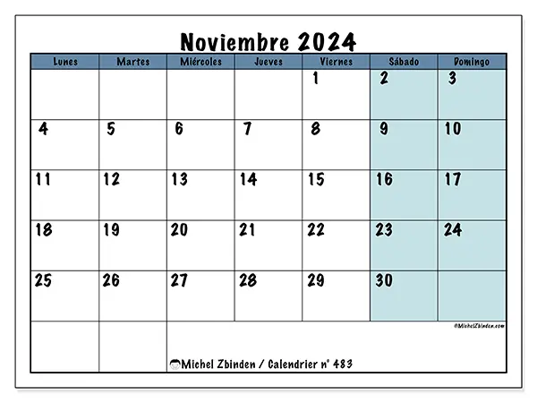 Calendario para imprimir n° 483, noviembre de 2024