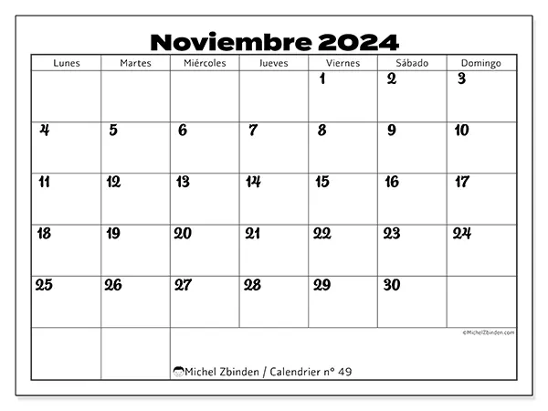 Calendario para imprimir n° 49, noviembre de 2024