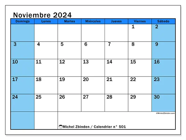 Calendario para imprimir n° 501, noviembre de 2024