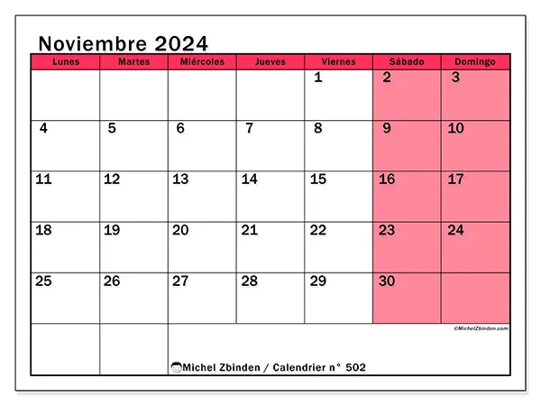 Calendario para imprimir n° 502, noviembre de 2024