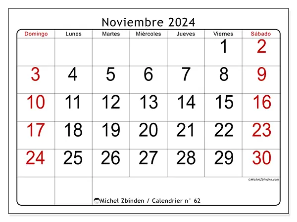 Calendario para imprimir n° 62, noviembre de 2024