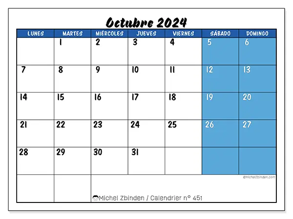 Calendario para imprimir n° 451, octubre de 2024