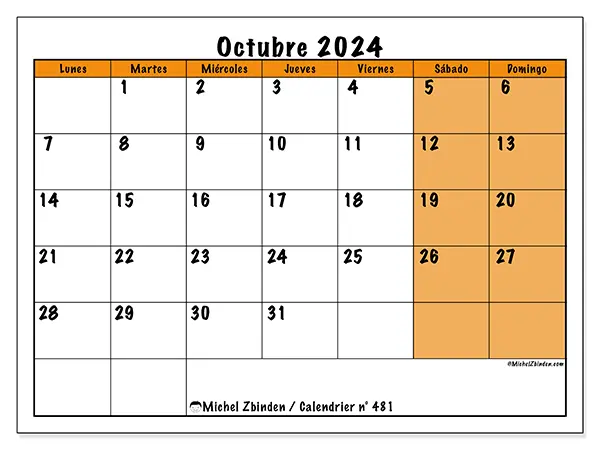 Calendario para imprimir n° 481, octubre de 2024