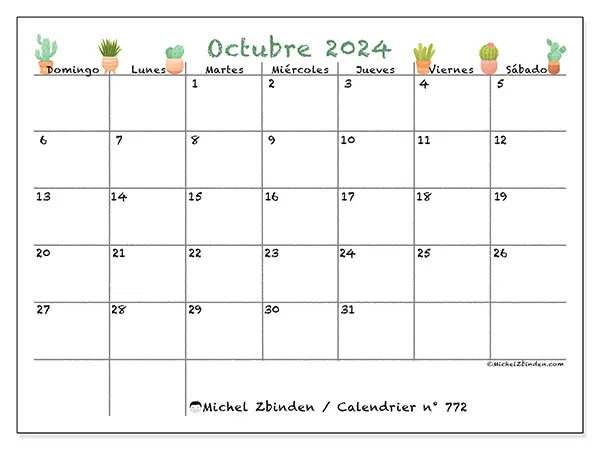 Calendario para imprimir n° 772, octubre de 2024