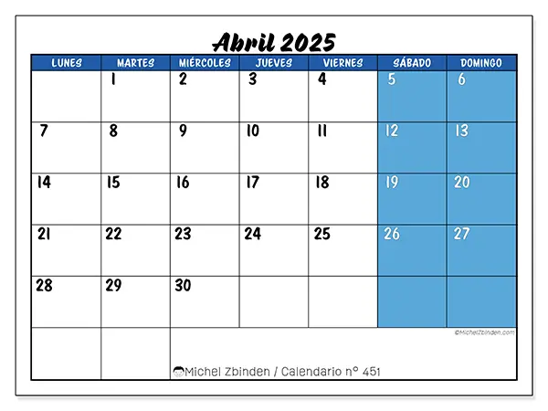 Calendario para imprimir n° 451, abril de 2025