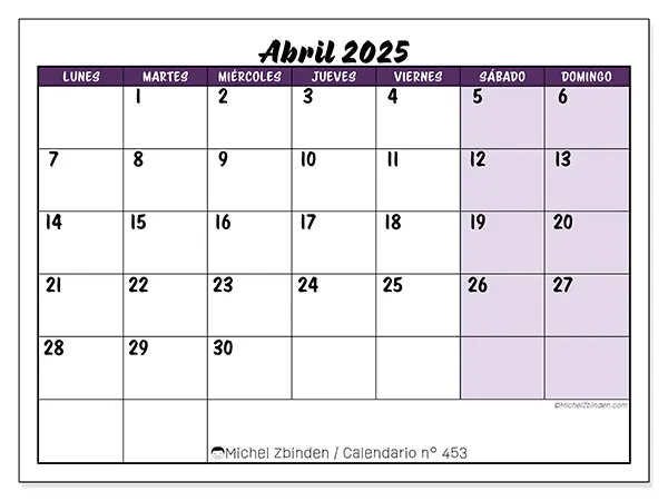 Calendario para imprimir n° 453, abril de 2025