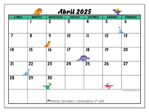 Calendario para imprimir n° 455, abril de 2025