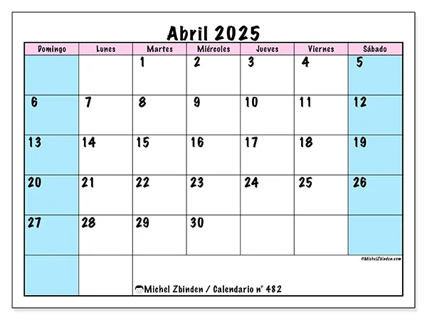 Calendario para imprimir n° 482, abril de 2025
