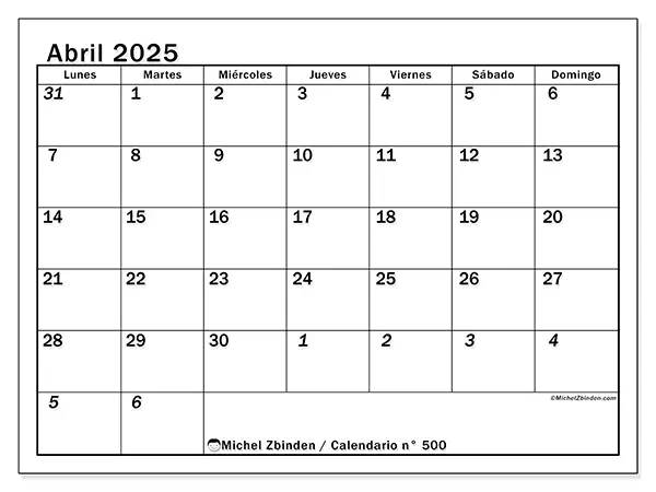 Calendario para imprimir n° 500, abril de 2025
