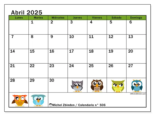 Calendario para imprimir n° 506, abril de 2025