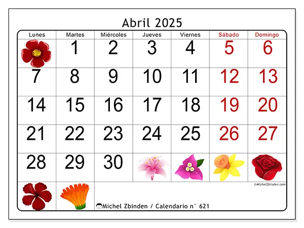 Calendario para imprimir n° 621, abril de 2025