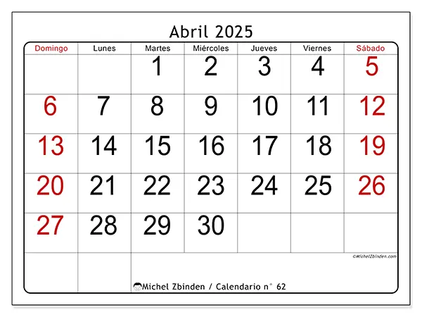 Calendario abril 2025 62DS
