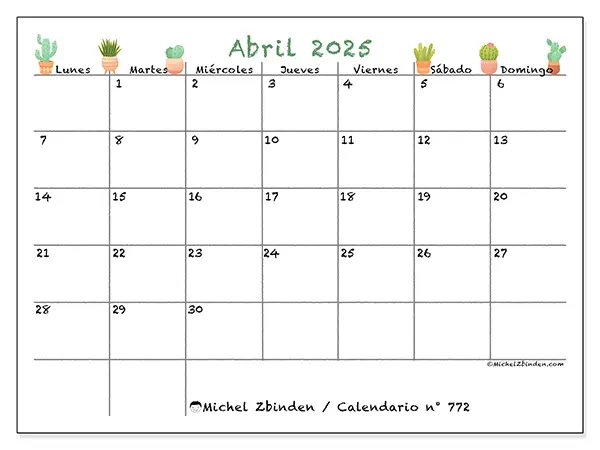 Calendario para imprimir n° 772, abril de 2025