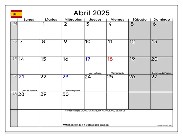 Calendario para imprimir España, abril de 2025