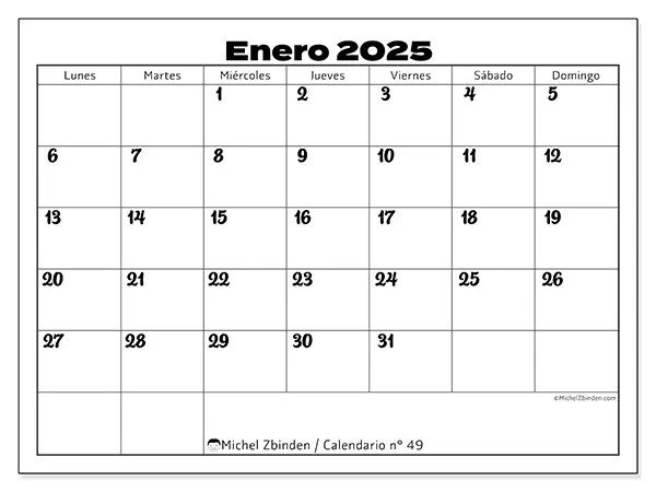 Calendario para imprimir n° 49, enero de 2025