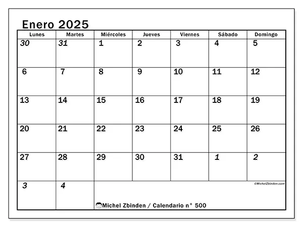 Calendario para imprimir n° 500, enero de 2025