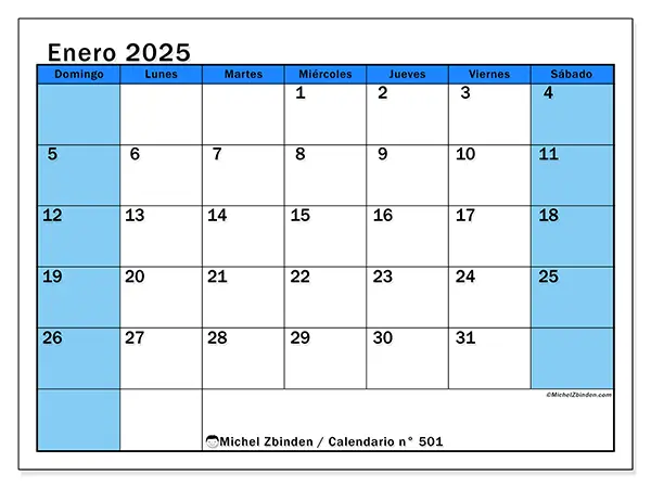Calendario para imprimir n° 501, enero de 2025