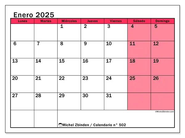 Calendario enero 2025 502LD