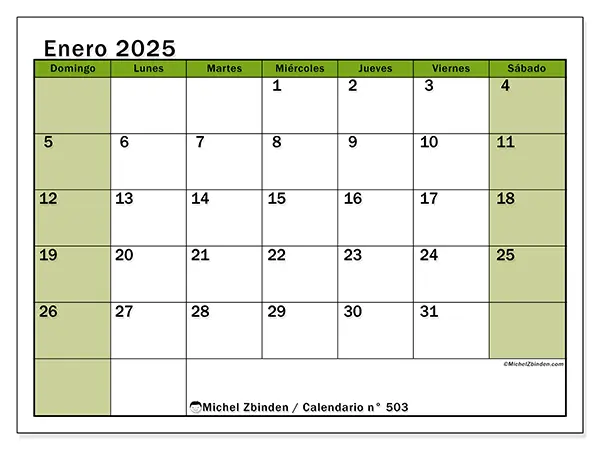 Calendario para imprimir n° 503, enero de 2025