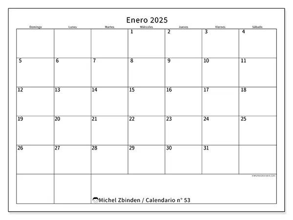 Calendario para imprimir n° 53, enero de 2025
