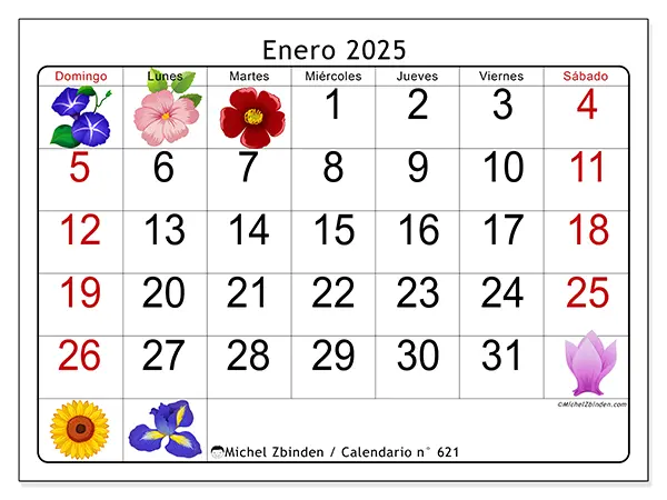 Calendario para imprimir n° 621, enero de 2025