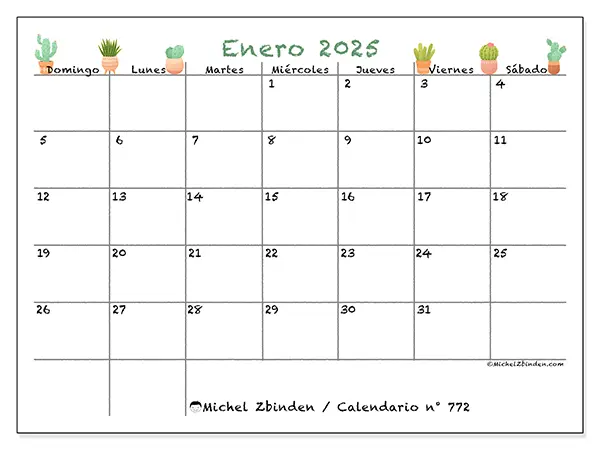 Calendario para imprimir n° 772, enero de 2025