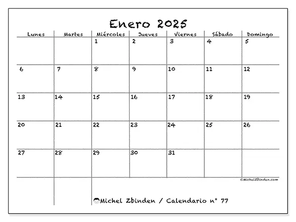 Calendario para imprimir n° 77, enero de 2025