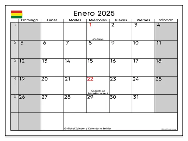 Calendario Bolivia para imprimir gratis de enero de 2025. Semana: De domingo a sábado.