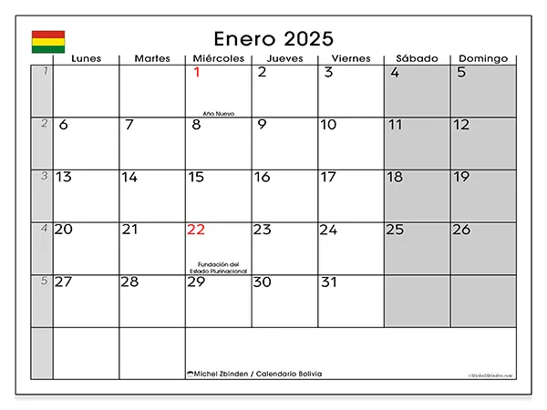 Calendario Bolivia para imprimir gratis de enero de 2025. Semana: De lunes a domingo.