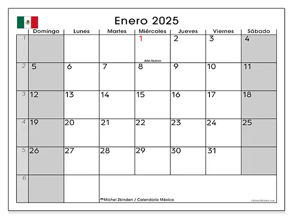 Calendario México para imprimir gratis de enero de 2025. Semana: De domingo a sábado.