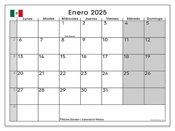 Calendario México para imprimir gratis de enero de 2025. Semana: De lunes a domingo.