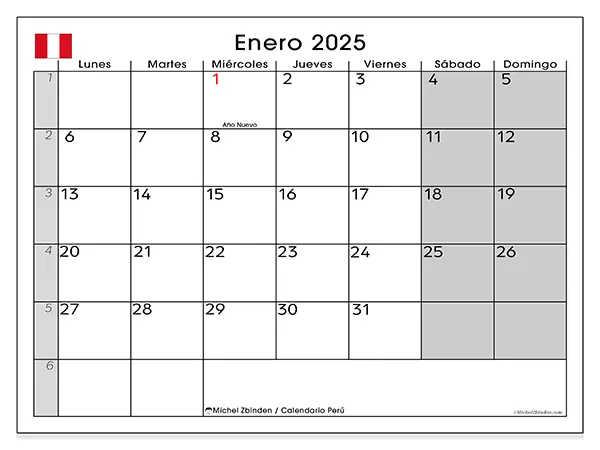 Calendario Perú para imprimir gratis de enero de 2025. Semana: De lunes a domingo.