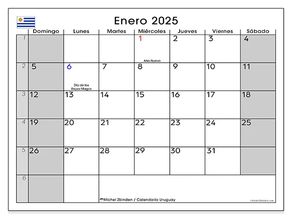 Calendario Uruguay para imprimir gratis de enero de 2025. Semana: De domingo a sábado.