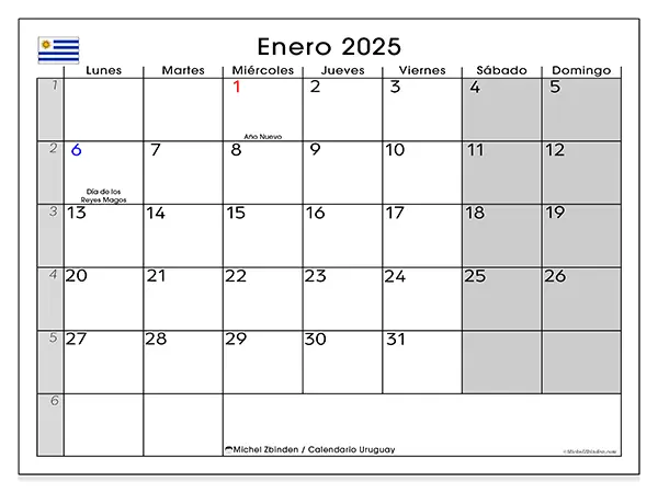 Calendario Uruguay para imprimir gratis de enero de 2025. Semana: De lunes a domingo.