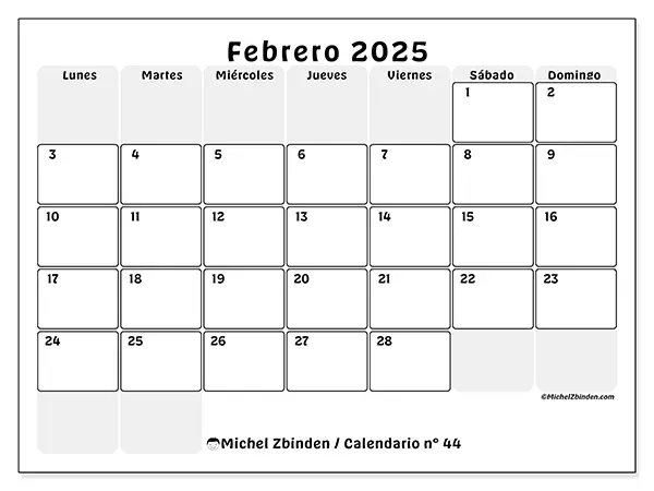 Calendario para imprimir n° 44, febrero de 2025