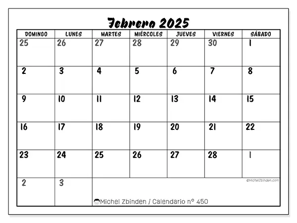 Calendario para imprimir n° 450, febrero de 2025