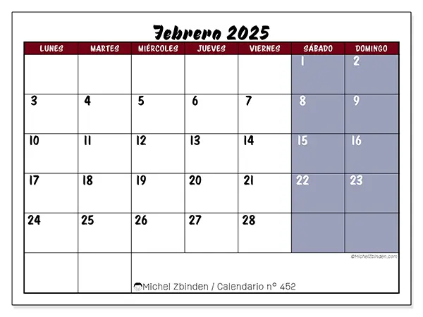 Calendario para imprimir n° 452, febrero de 2025