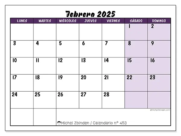 Calendario para imprimir n° 453, febrero de 2025
