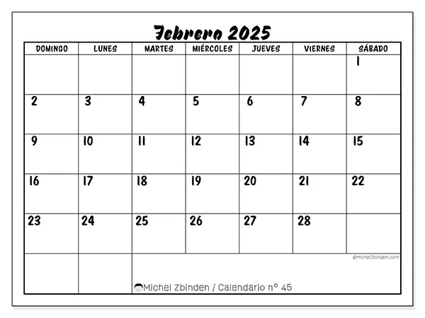 Calendario para imprimir n° 45, febrero de 2025