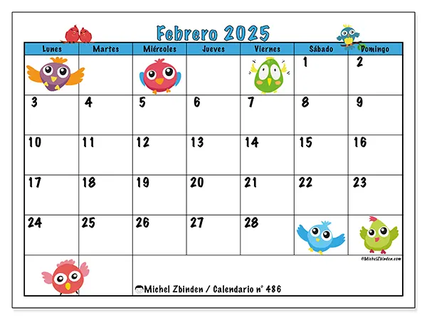 Calendario para imprimir n° 486, febrero de 2025