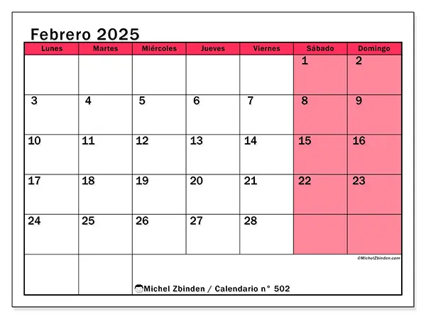 Calendario para imprimir n° 502, febrero de 2025