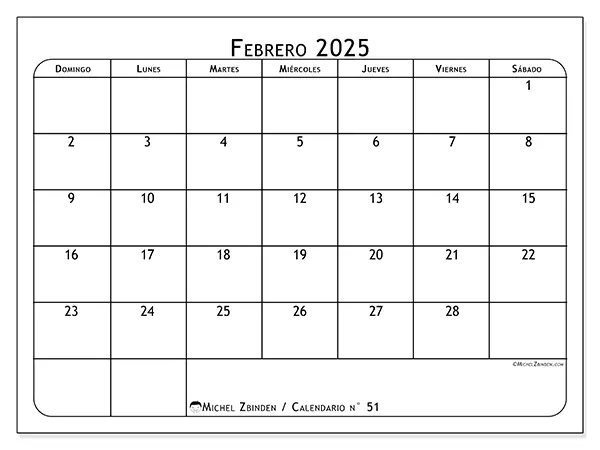 Calendario para imprimir n° 51, febrero de 2025