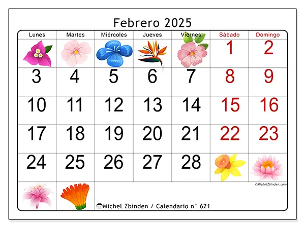 Calendario para imprimir n° 621, febrero de 2025